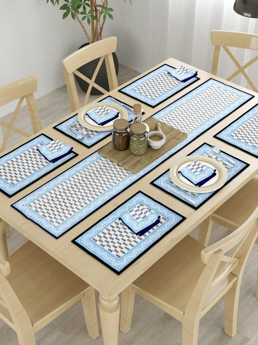 Hand Block Printed Blue & White Table Runner, Mat and Napkin Set for Center/Dining Table