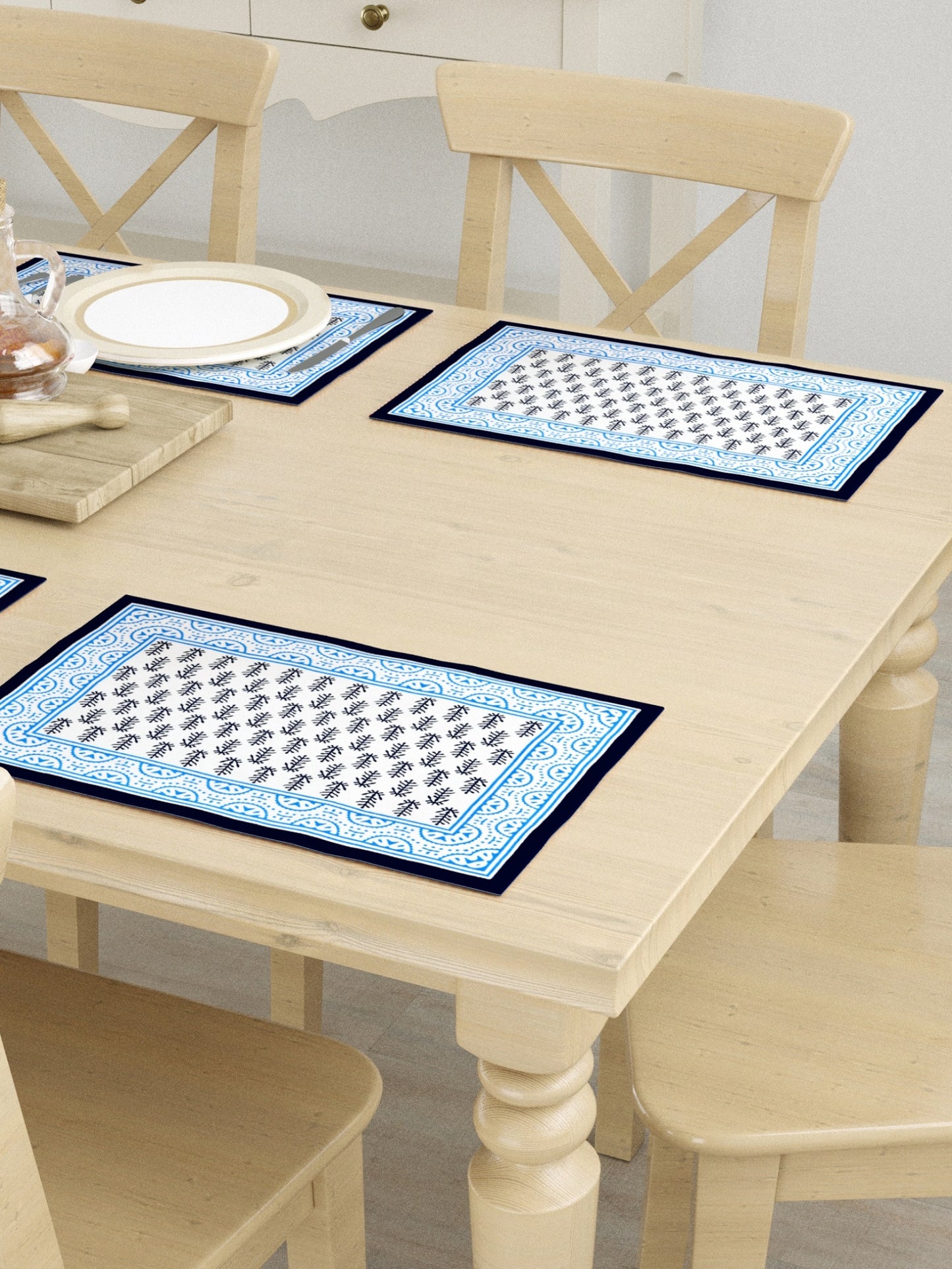Hand Block Printed Blue & White Table Runner, Mat and Napkin Set for Center/Dining Table