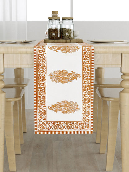 Hand Block Printed Orange & White Table Runner, Mat and Napkin Set for Center/Dining Table