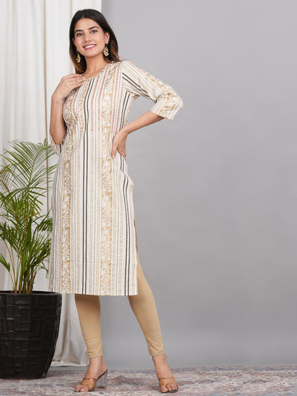 LIVING ROOTS Ethnic Motifs Printed Off White Pure Cotton Straight Kurti (W-1PC-010-M)