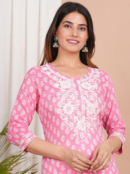 LIVING ROOTS Pink Pure Cotton Straight Kurti (W-1PC-012-M)
