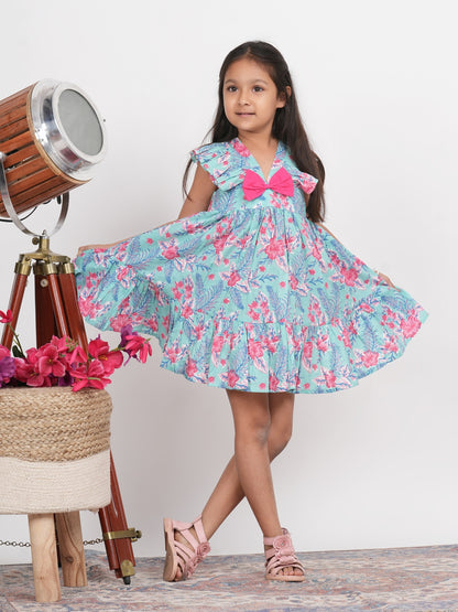 LIVING ROOTS Block Print Pink and Blue Bow Dress for Girls (G-1PC-011-3-4Y)