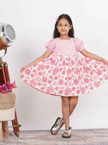 LIVING ROOTS Block Print Pink and White Dress for Girls (G-1PC-010-3-4Y)