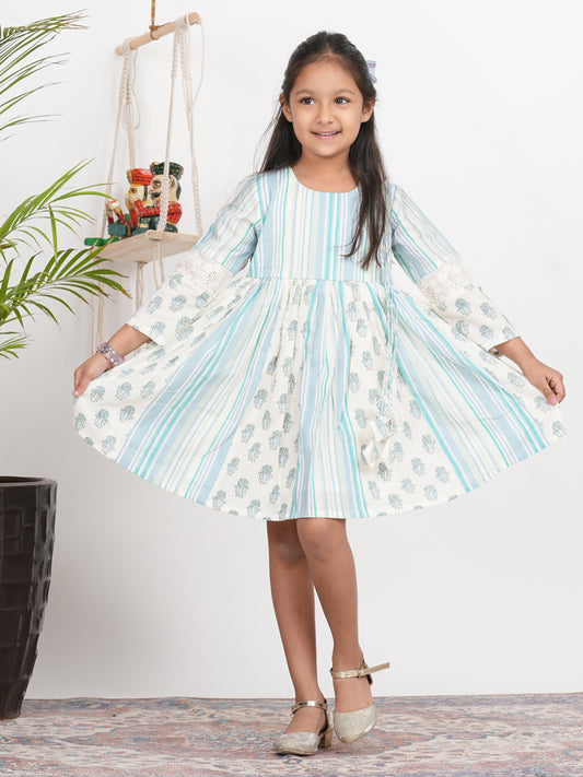 Block Printed White and Blue Round Neck Dress for Girls