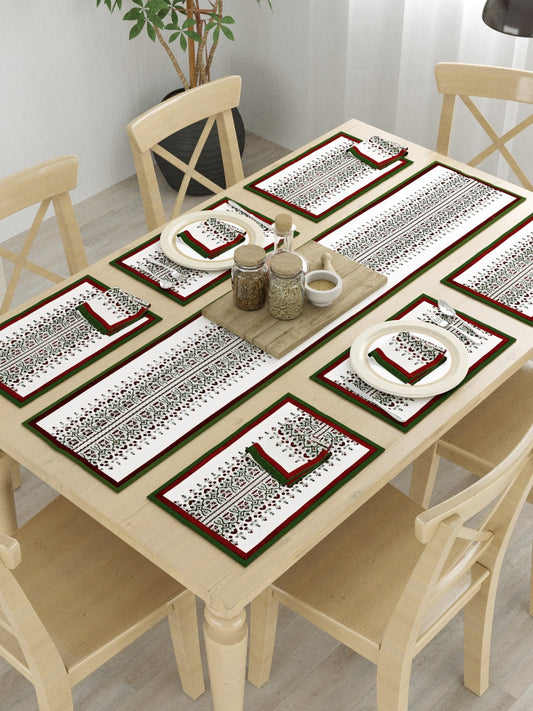 Hand Block Printed Red & White Table Runner, Mat and Napkin Set for Center/Dining Table