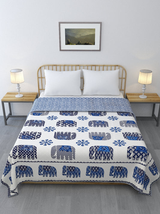 Blue and White Elephant Block Print Reversible AC Dohar- 100% Cotton