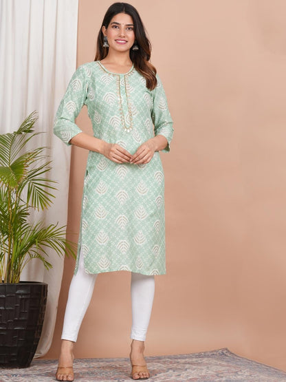 LIVING ROOTS Printed Green Pure Cotton Straight Kurti (W-1PC-013-M)