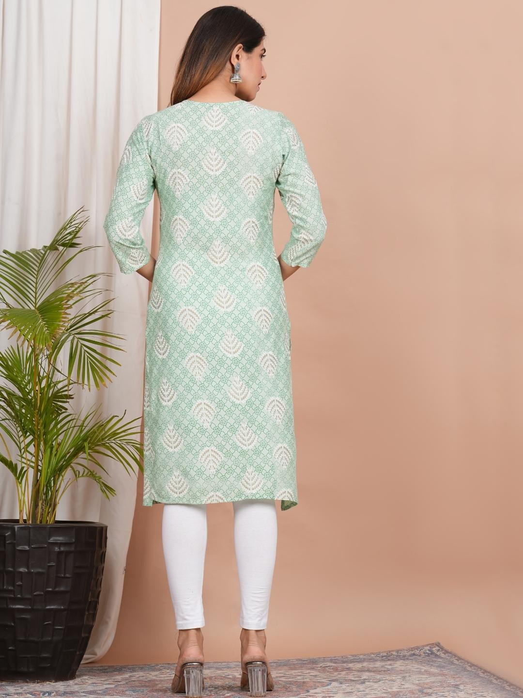 LIVING ROOTS Printed Green Pure Cotton Straight Kurti (W-1PC-013-M)