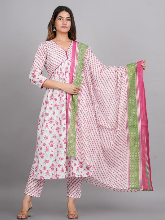 Block Printed Alia Cut Pink Pure Cotton 3 Piece Suit
