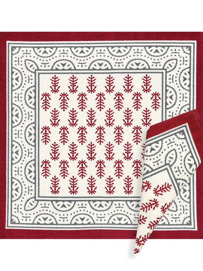 LIVING ROOTS Hand Block Printed Red & Cream Table Runner, Mat and Napkin Set for Center/Dining Table (71-NAPKIN6PC-003)