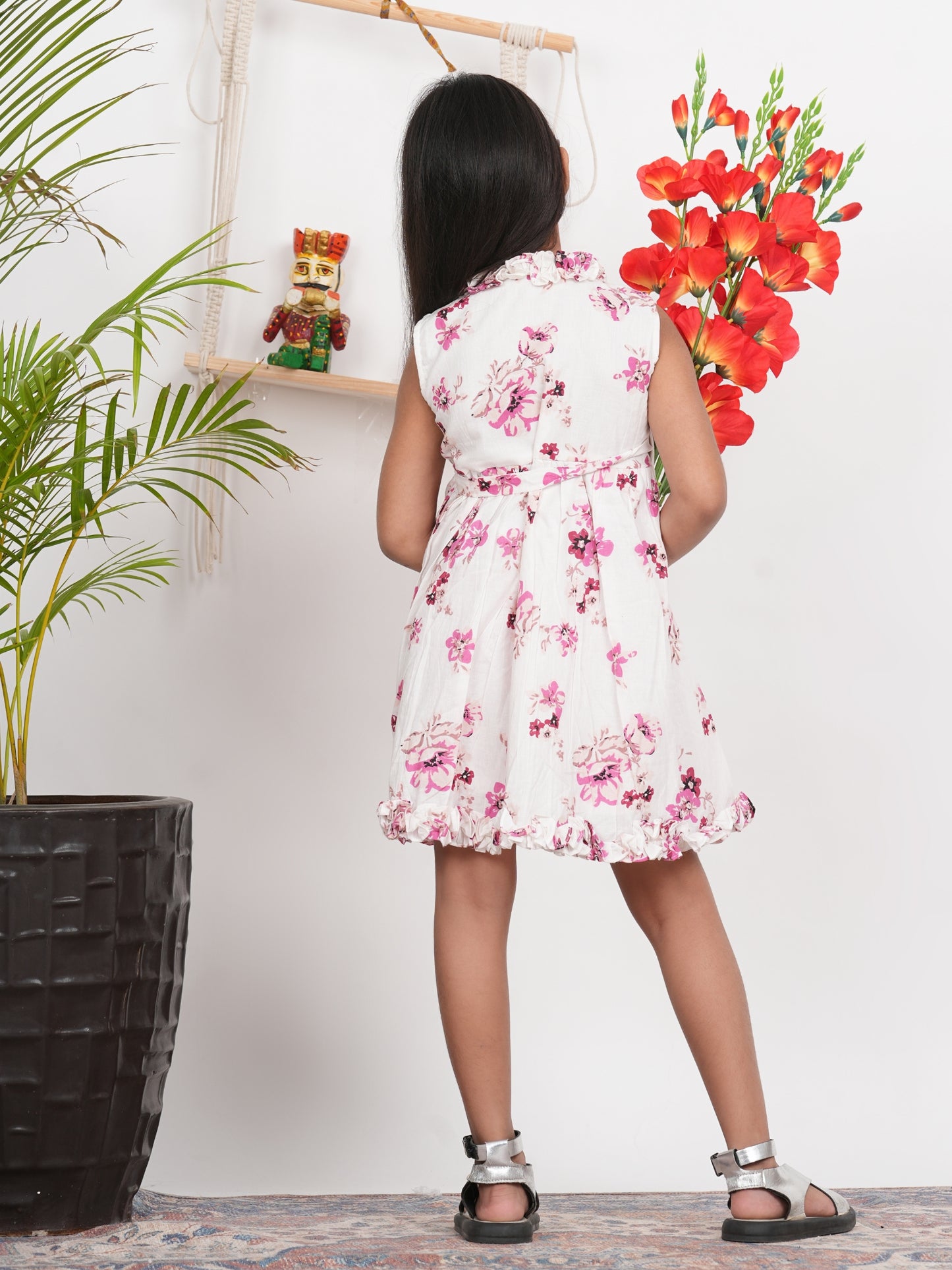 LIVING ROOTS Block Printed Off White and Pink Cut Sleeves Dress for Girls (G-1PC-004-3-4Y)