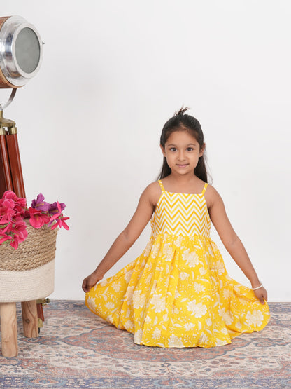 LIVING ROOTS Block Print Yellow Fit and Flare Dress for Girls (G-1PC-013-3-4Y)