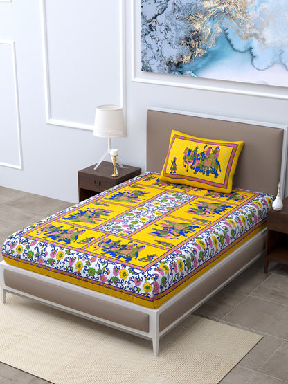 LIVING ROOTS Single Bed Bedsheet   Pure Cotton Fabric Size  60*90 Sanganeri Print Yellow Colour (30-012-B)