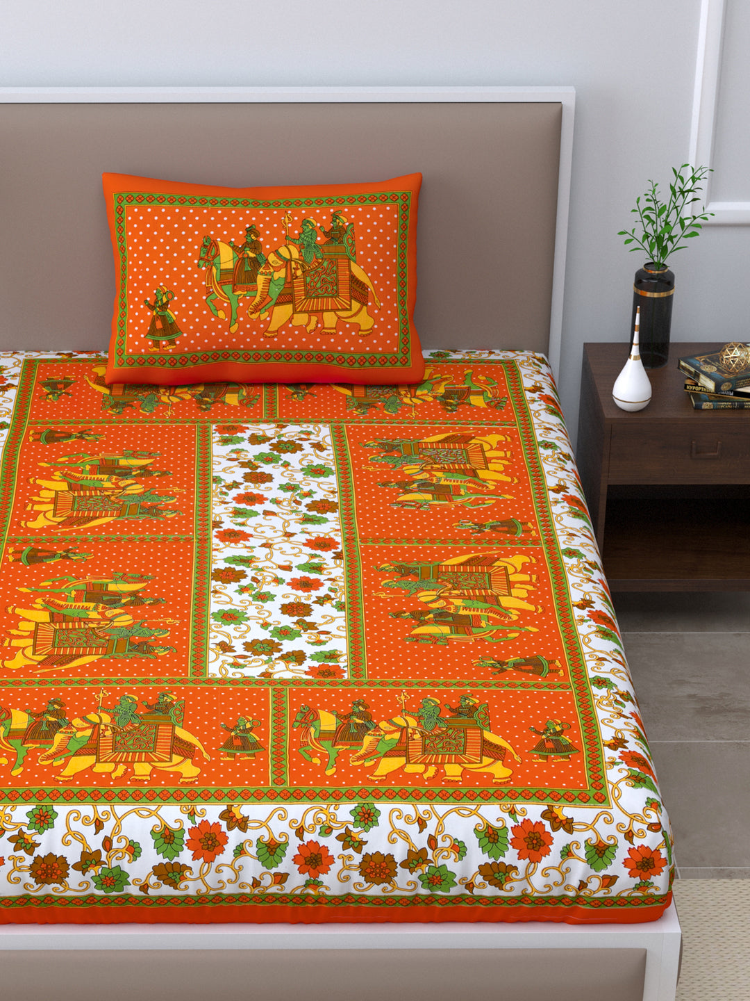 Copy of Single Bed Bedsheet Pure Cotton Fabric Size  60*90 Sanganeri Print Orange Colour