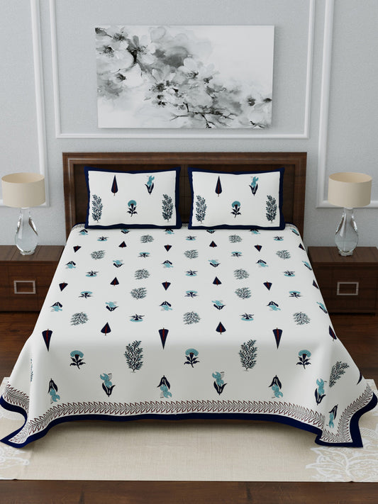 LIVING ROOTS Double Bedsheet King Size Blue Colour Flower Print Pure Cotton - 1 Bedsheet with 2 Pillow Covers (31-036-C)