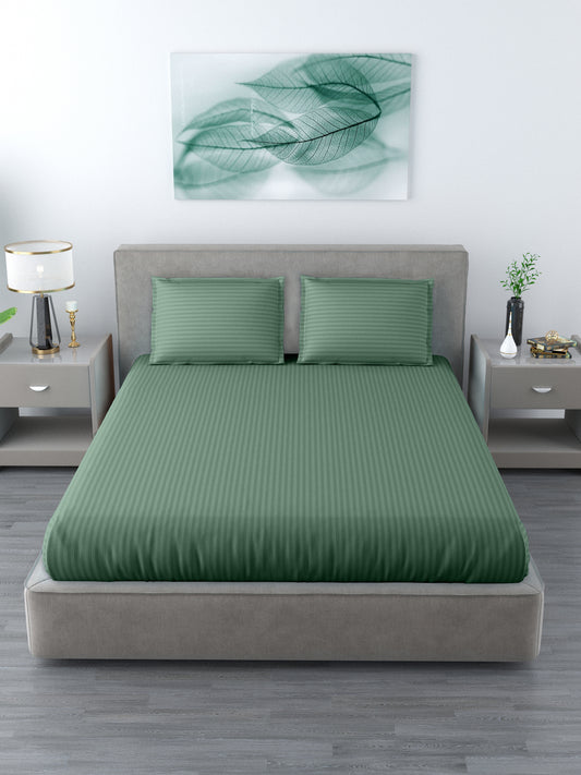 King Size Double Bedsheet Glace Cotton 300 TC Satin Striped With 2 Pillow Cover Green Colour