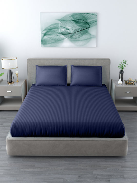King Size Double Bedsheet Glace Cotton 300 TC Satin Striped With 2 Pillow Cover Blue Colour