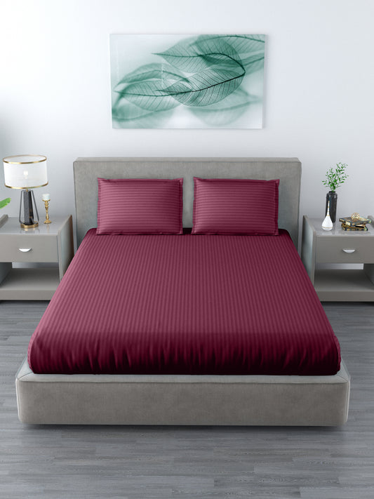 King Size Double Bedsheet Glace Cotton 300 TC Satin Striped With 2 Pillow Cover Maroon Colour