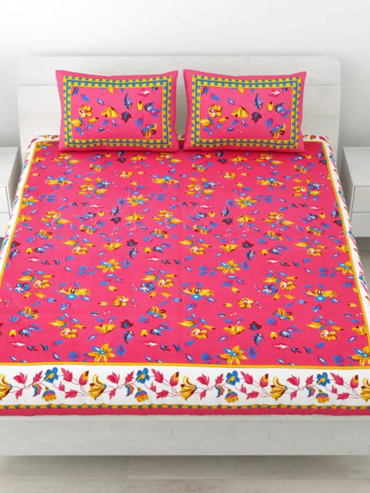 Double Bedsheet Pure Cotton 1 Queen Size Bedsheet with 2 Pillow Cover 86*96 inches (7*8 Feet) | Rich Fast Colour with No Colour Bleeding | Soft Skin Friendly (304-D)