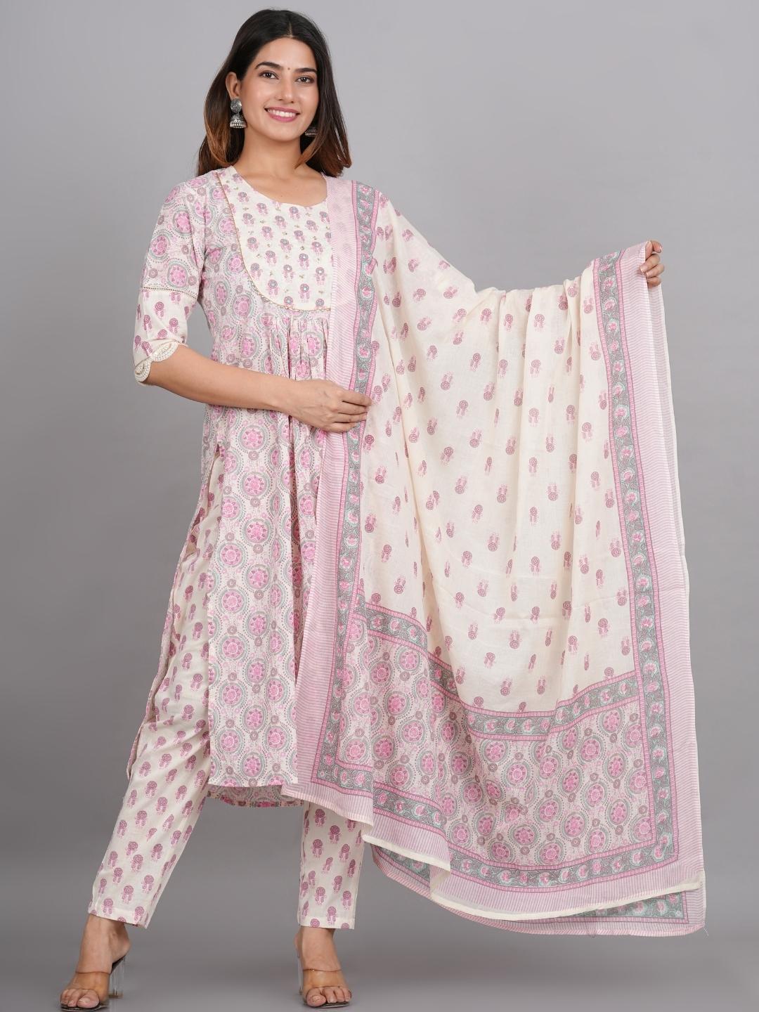 LIVING ROOTS Block Printed Pink Pure Cotton 3 Piece Suit (W-1PC-004-M)