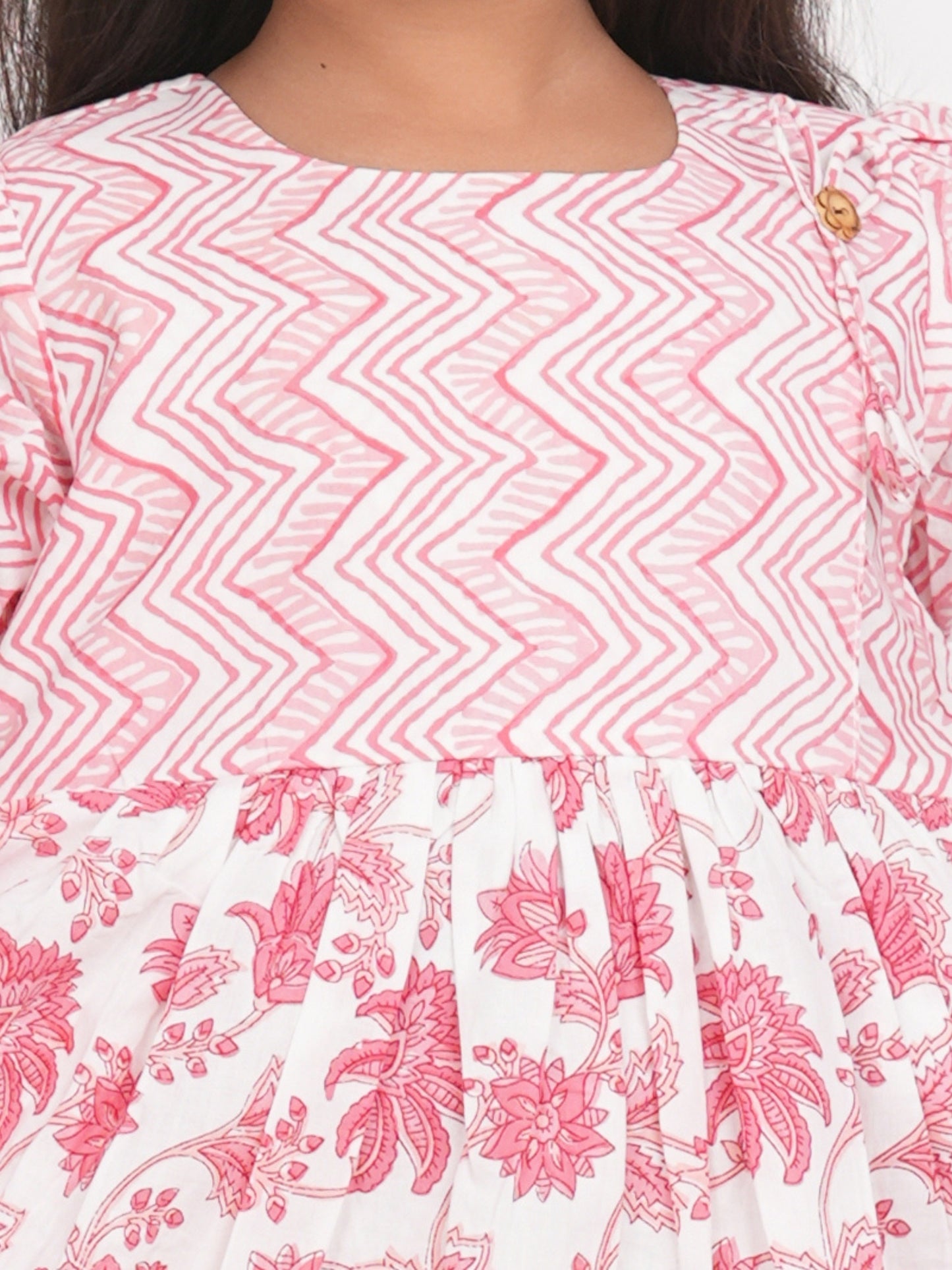 LIVING ROOTS Block Print Pink and White Dress for Girls (G-1PC-010-3-4Y)