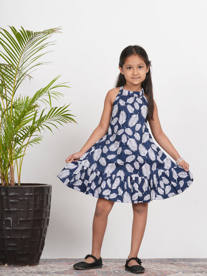 LIVING ROOTS Block Printed Blue High Neck Dress for Girls (G-1PC-005-3-4Y)