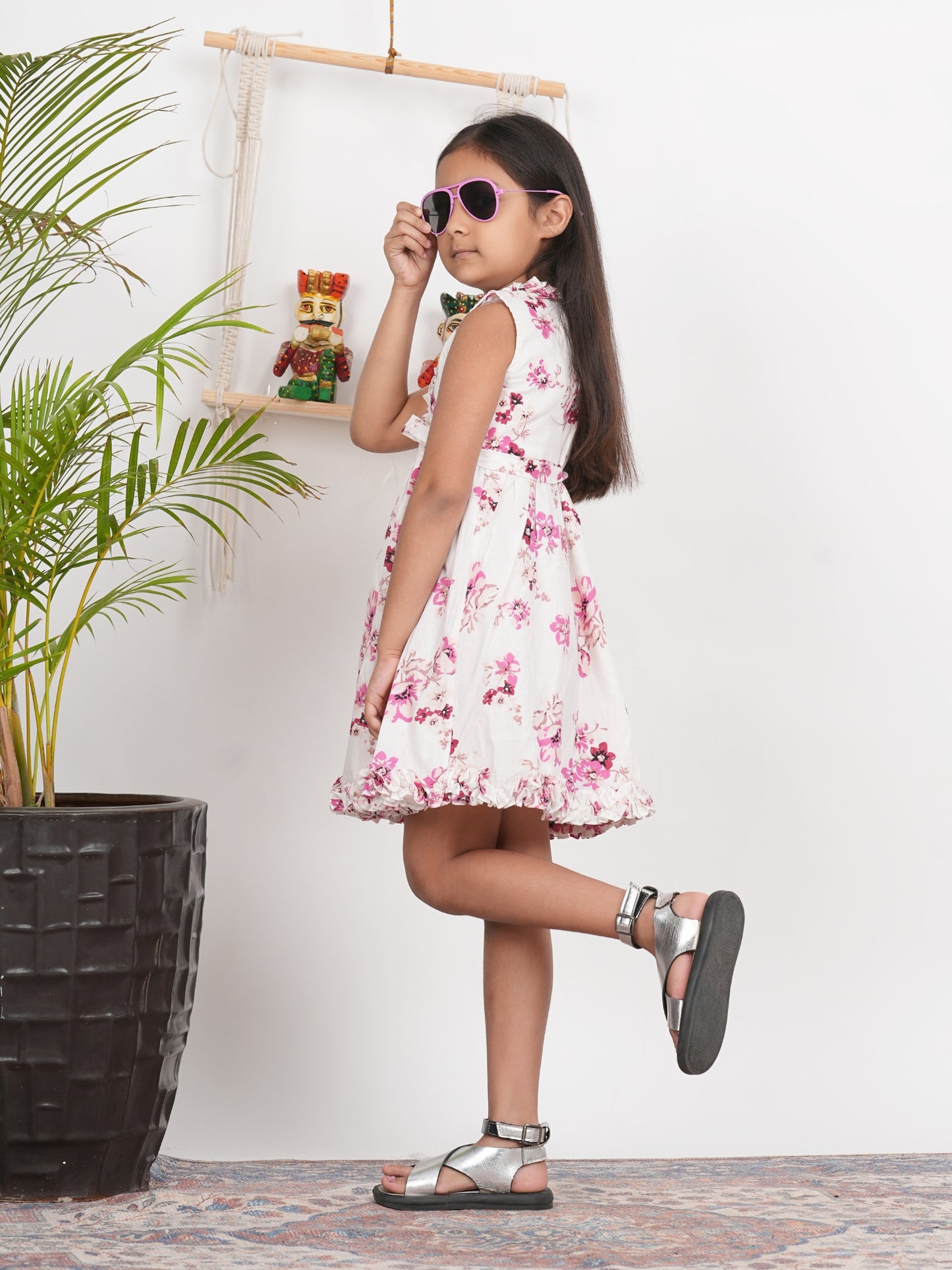 LIVING ROOTS Block Printed Off White and Pink Cut Sleeves Dress for Girls (G-1PC-004-3-4Y)