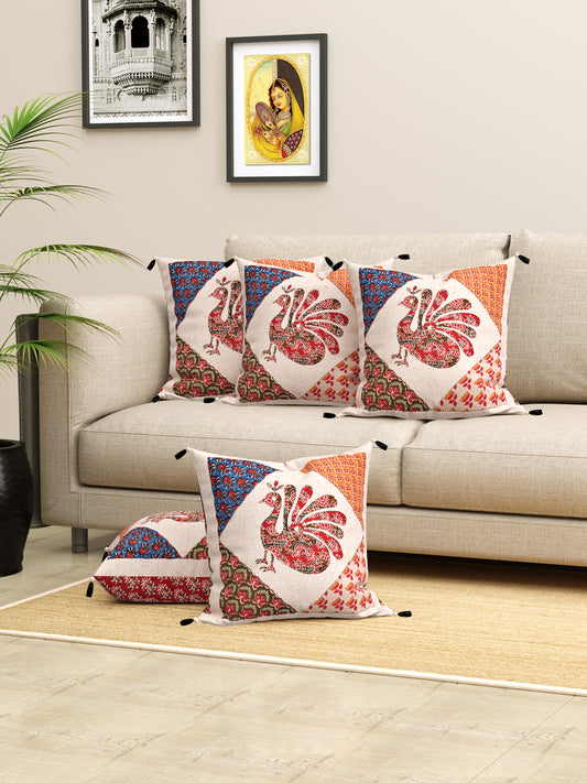 Living Roots Peacock Patchwork Cotton Cushion Cover- Set of 5 (40-018-A)