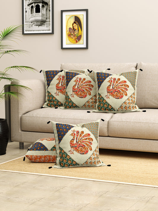 Peacock Patchwork Cotton Cushion Cover- Set of 5