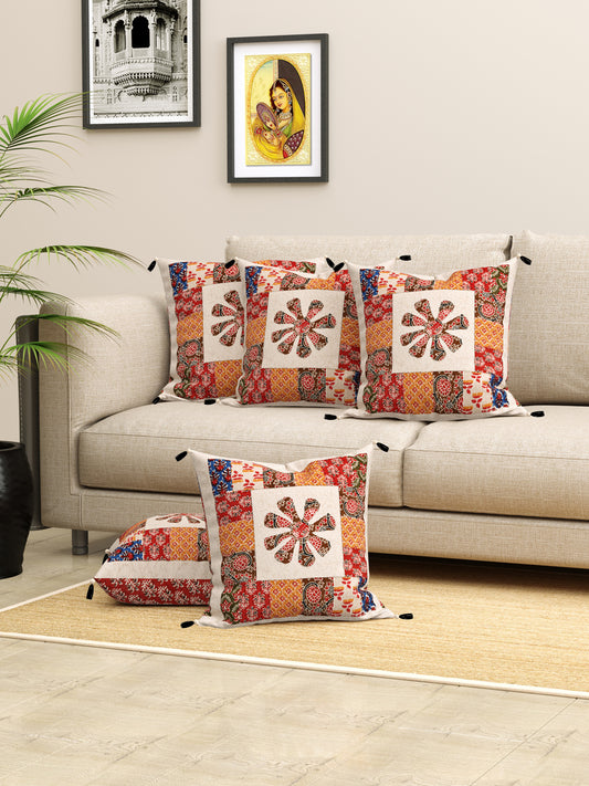 Living Roots Floral Red Orange Patchwork Cotton Cushion Cover- Set of 5 (40-019-A)