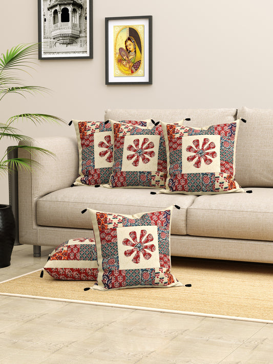 Living Roots Floral Red & Grey Patchwork Cotton Cushion Cover- Set of 5 (40-019-B)