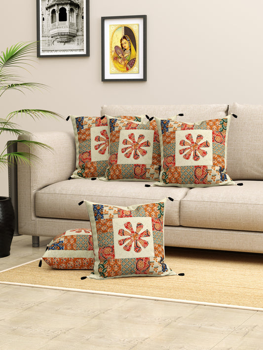 Living Roots Floral Orange & Green Patchwork Cotton Cushion Cover- Set of 5 (40-019-C)