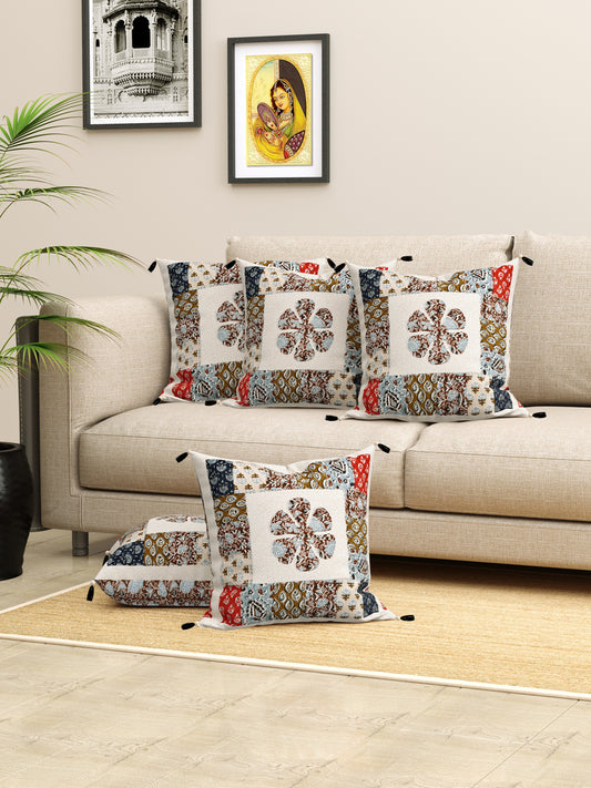 Living Roots Floral Red & Green Patchwork Cotton Cushion Cover- Set of 5 (40-019-E)