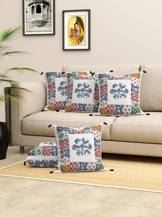Living Roots Floral Blue & White Patchwork Cotton Cushion Cover- Set of 5 (40-019-F)