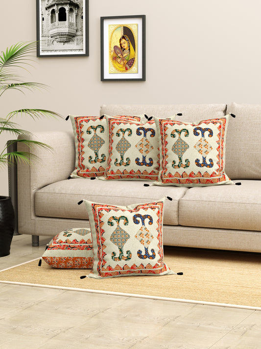 Living Roots Orange & White Patchwork Cotton Cushion Cover- Set of 5 (40-020-B)