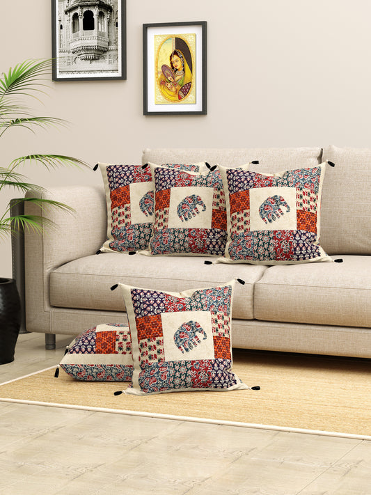 Living Roots Elephant Patchwork Cotton Cushion Cover- Set of 5 (40-021-A)