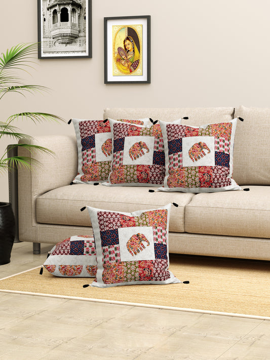 Living Roots Elephant Patchwork Cotton Cushion Cover- Set of 5 (40-021-C)