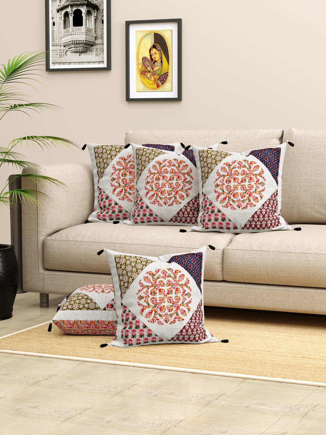 Living Roots Ethnic Patchwork Cotton Cushion Cover- Set of 5 (40-024-B)