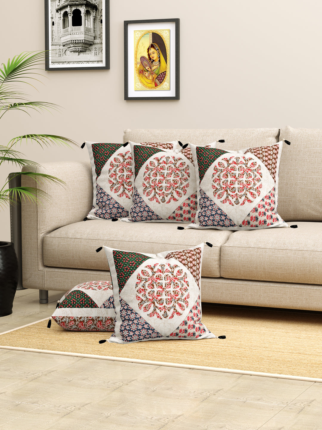 Living Roots Ethnic Patchwork Cotton Cushion Cover- Set of 5 (40-024-C)