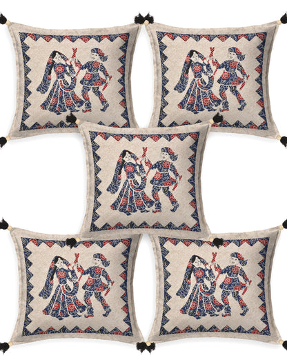Living Roots Ethnic Couple Patchwork Cotton Cushion Cover- Set of 5 (40-025-A)