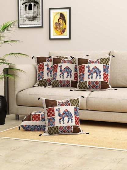 Living Roots Camel Patchwork Cotton Cushion Cover- Set of 5 (40-026-A)