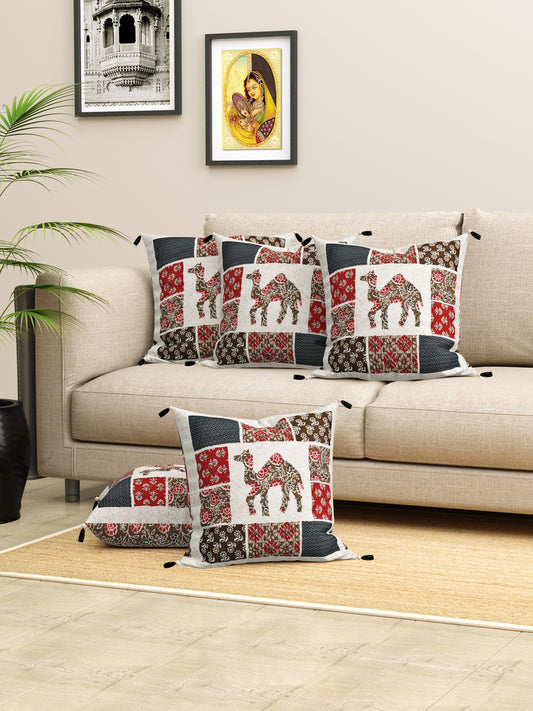Camel Patchwork Cotton Cushion Cover- Set of 5