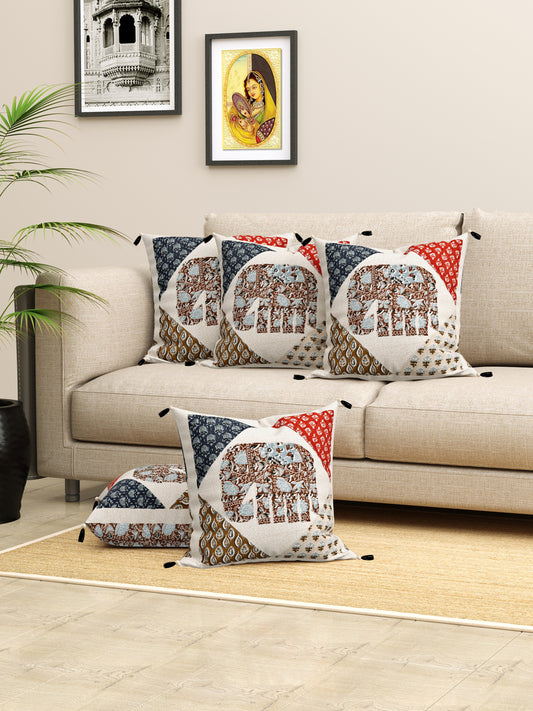 Elephant Patchwork Cotton Cushion Cover- Set of 5
