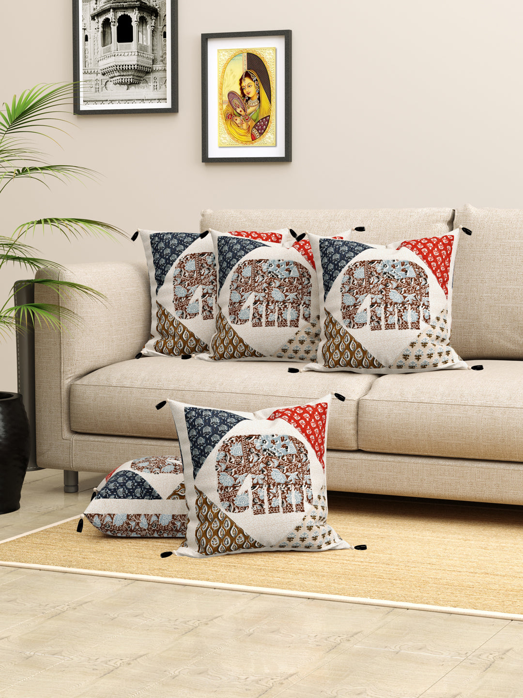Living Roots Elephant Patchwork Cotton Cushion Cover- Set of 5 (40-028-B)