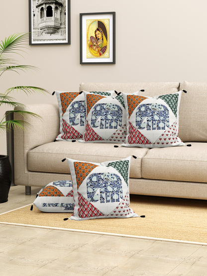 Living Roots Elephant Patchwork Cotton Cushion Cover- Set of 5 (40-028-C)