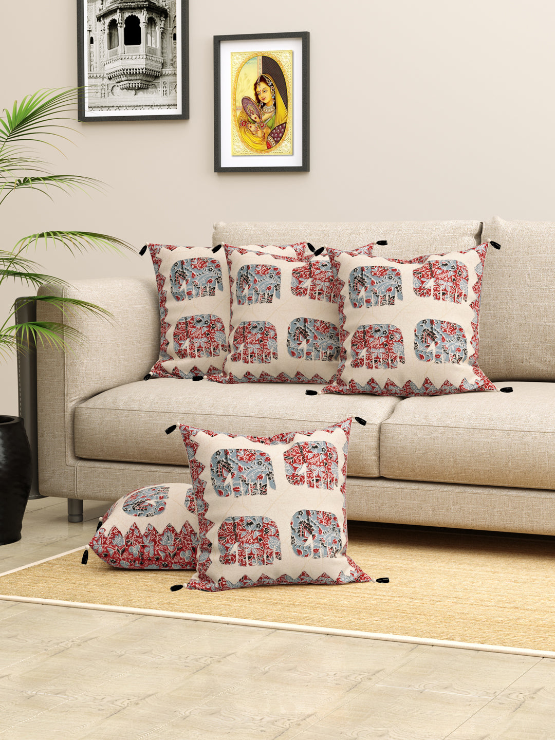 Living Roots Elephant Patchwork Cotton Cushion Cover- Set of 5 (40-029-A)