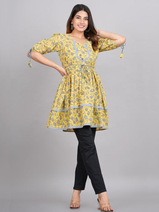 Block Printed Yellow Pure Cotton Short One Piece