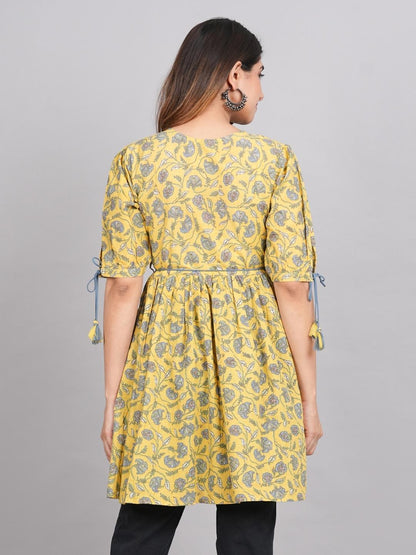 LIVING ROOTS Block Printed Yellow Pure Cotton Short One Piece (W-1PC-014-M)
