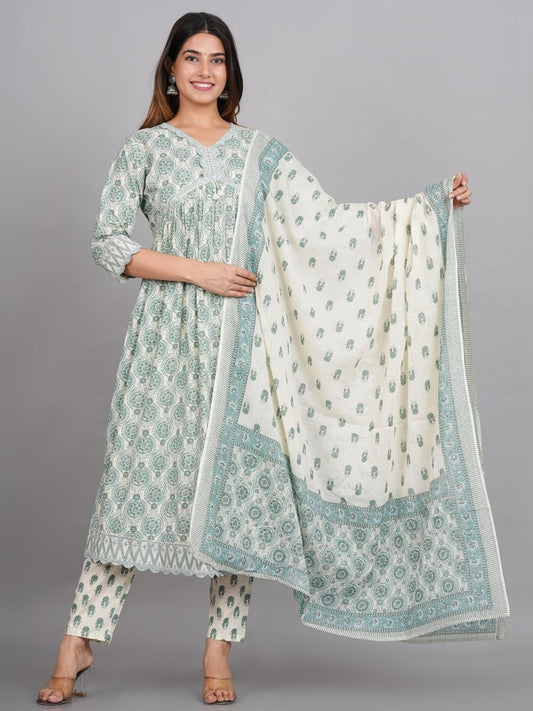 Block Printed Green Pure Cotton 3 Piece Suit