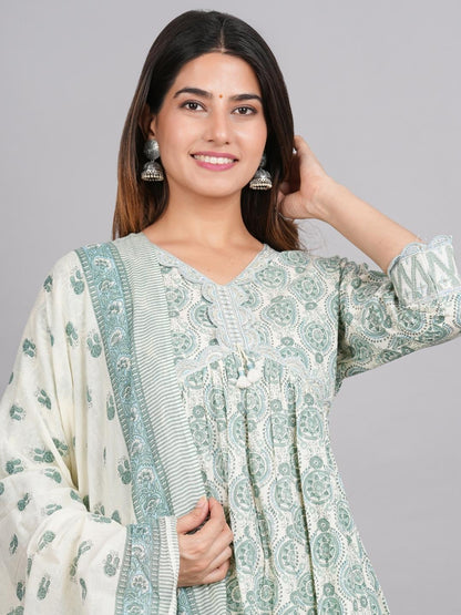 LIVING ROOTS Block Printed Green Pure Cotton 3 Piece Suit (W-1PC-006-M)